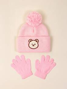 1set Bear Baby Pom-Pom Beanie White Hat Gloves Set, Cozy Knit Winter Warm Heart Cute Hat For Kids, Outdoor Accessory,Winter Baby Hat - Multicolor - View 11