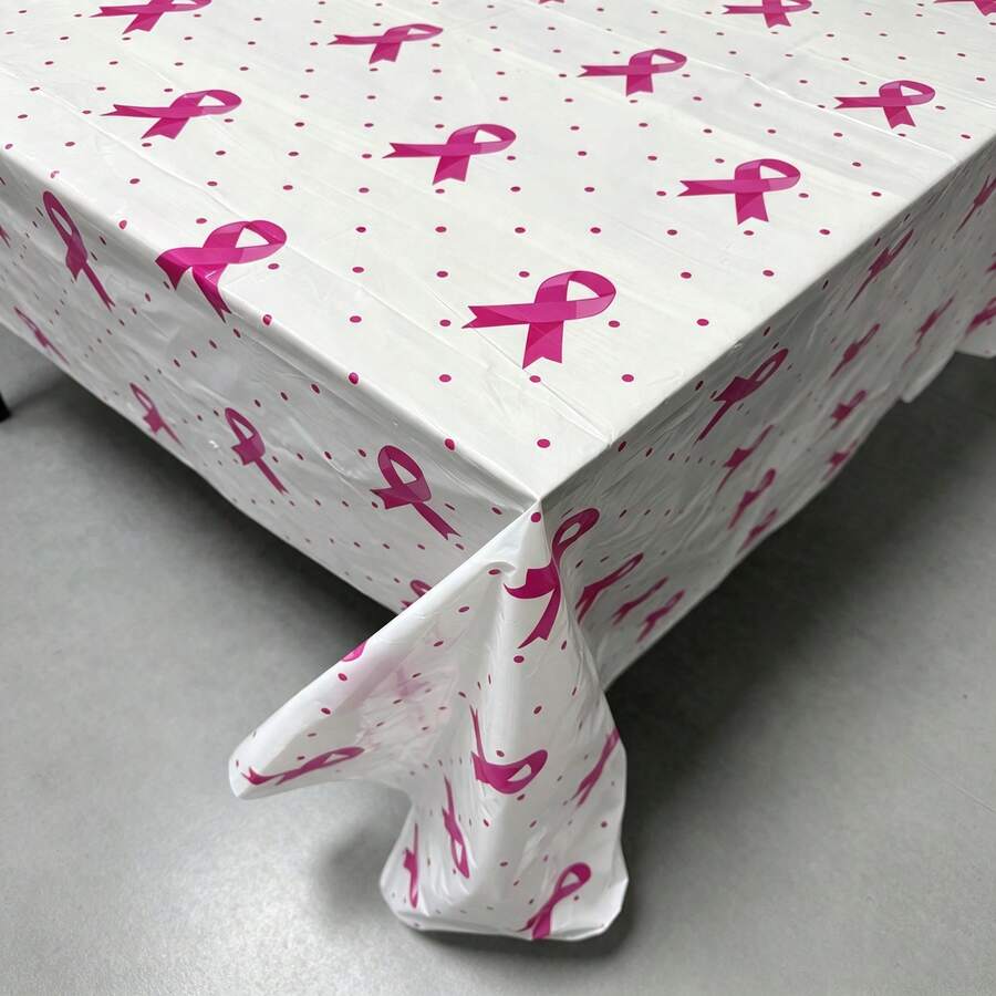 1pc/3pcs Pink Ribbon Theme Disposable Plastic Tablecloth, White Background With Soft Pink Ribbon And Small Polka Dots, Suitable For Charity Events, Women's Theme Parties, Outdoor Tea Parties, Breast Cancer Awareness Events, 130*274cm - Multicolor - View 1