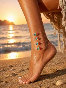 4pcs Minimalist Casual Fun Colorful Fish Transparent Fishing Line Women's Anklets, Daily Beach Vacation Matching - Red - View 1