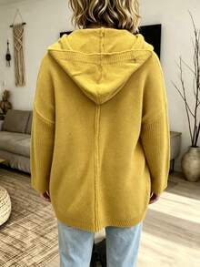 Plus Size Women's Solid Color Hooded Knit Cardigan, Casual Layering Jacket For Daily Wear, Relaxed Vibe - Bright Yellow - View 3