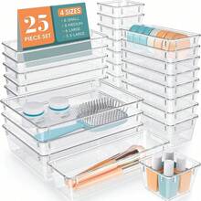 Drawer Organizer Set 25 PCS Transparent Plastic Trays, Stackable Storage Bins With Custom Layout Function, Multi Purpose Organizer For Makeup Brushes Lipsticks Jewelry Kitchen Accessories Bathroom Supplies And Desk Items - Clear - View 12