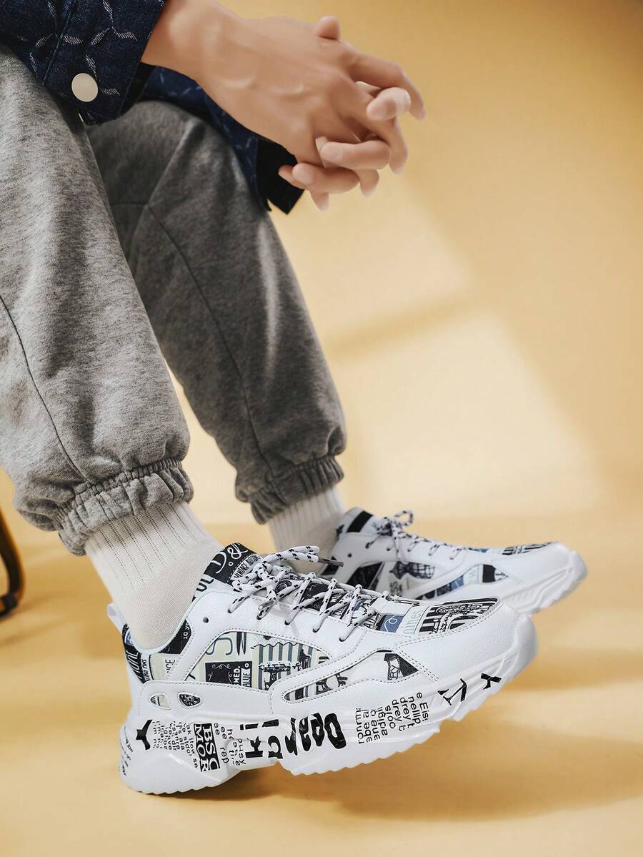 Men's Retro Fashion Versatile Black & White Colorblock Print Front Lace-Up Height-Increasing Chunky Sneakers, Niche Casual Sports Sneakers For Daily Commute And Walking, Comfortable Couple Style