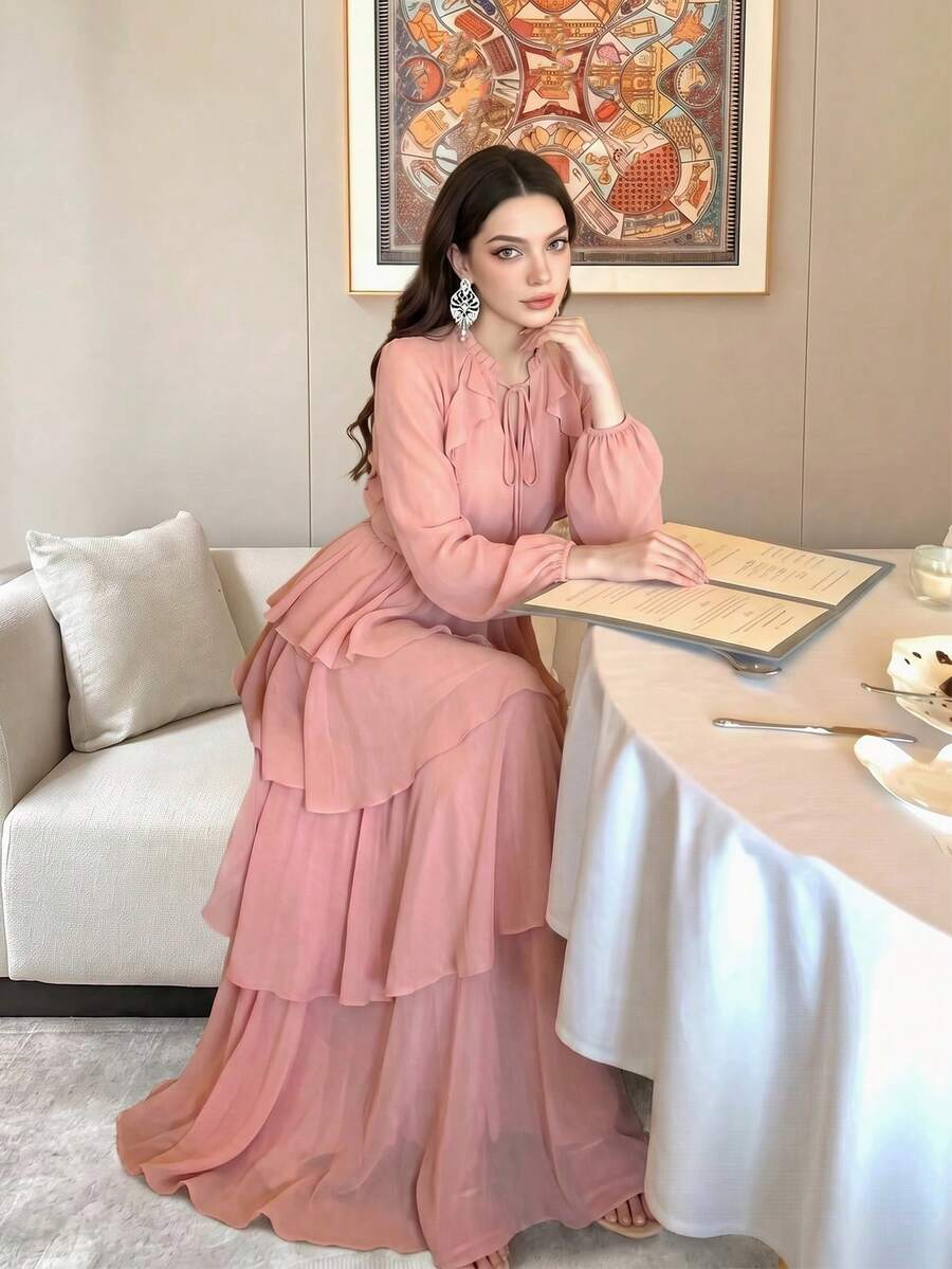 Women's New Elegant Solid Color Stand Collar Long Sleeve Tiered Patchwork Design Fashionable Luxury Waist Slimming Flared Dress, Elegant Party, Ruffle Sequin Splice Pleated Hem/Ruffle Wedding Beach Pink - Pink - View 1