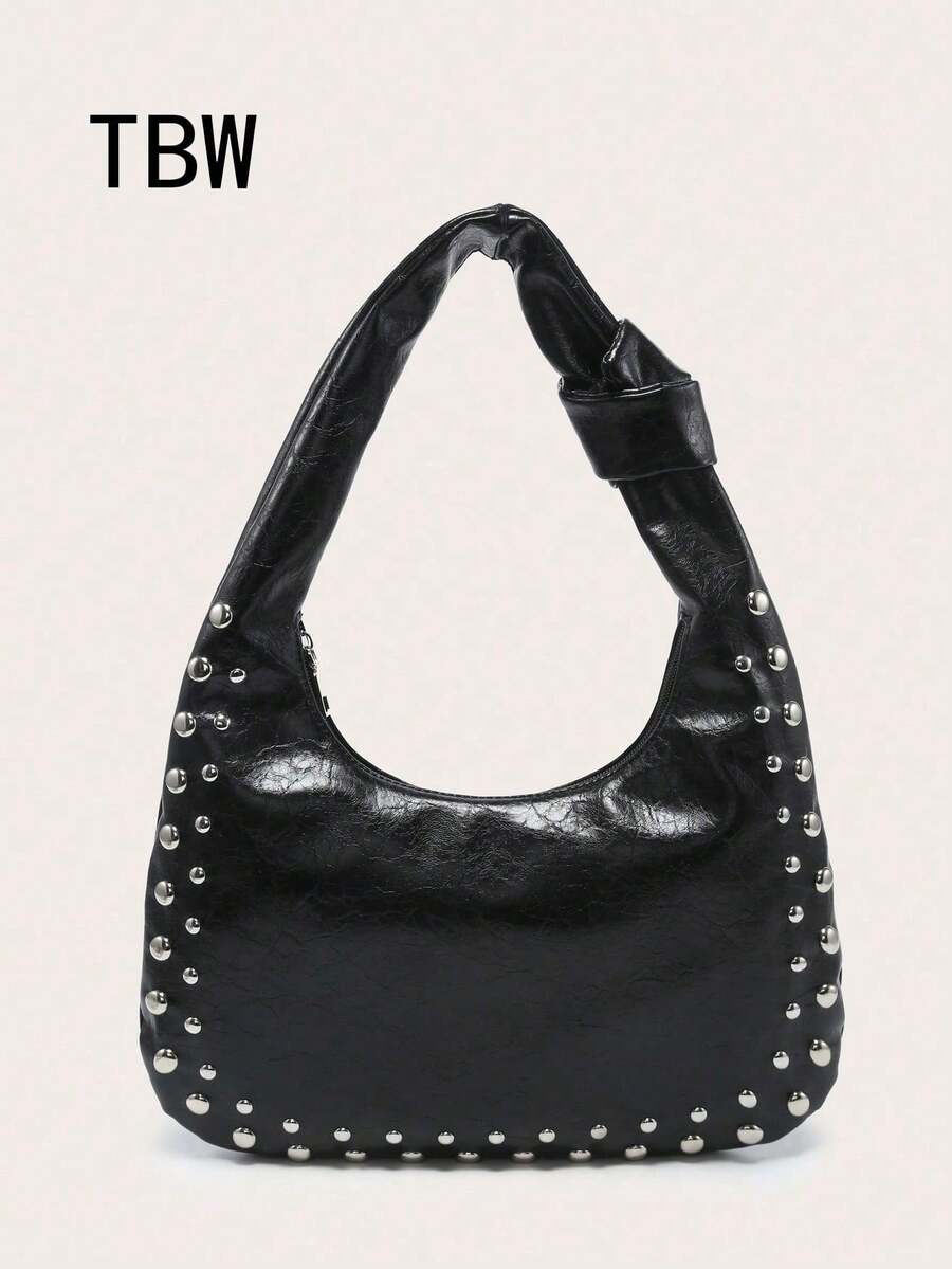 Women's Crescent-Shaped Shoulder Bag, PU Material, Large Capacity, Studded Decor, Vintage Style, Suitable For Commuting And Outings - Black - View 1