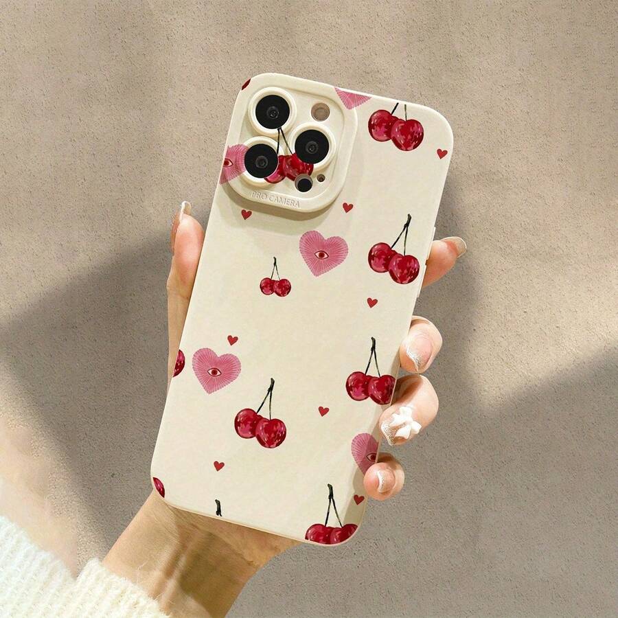 Cherry Heart Pattern Printed TPU Matte Anti-Drop Phone Case Compatible With Apple Models 16/11/12/13/14/15 Pro/15 Plus/15 Pro Max/7 Plus/8 Plus/X/Xs Max/Xr/11 Pro/12 Pro/13 Pro/14 Pro/12 Mini/13 Mini/11 Pro Max/12 Pro Max/13 Pro Max/14 Pro Max/14 Plus/6/6 Plus/7/8/16 Pro/16 Plus/16 Pro Max. - 古董白 - 查看 1