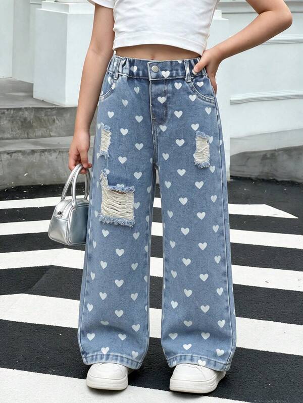 Jeans da ragazza giovani stile retrò blu scuro lavato con strappi e effetto consumato, gamba dritta ampia, morbidi e comodi, casual versatili per estate autunno inverno, denim con cuore