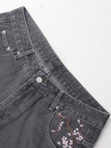 Men's Wide Leg Jeans, Decorative Faux Back Pockets With Cherry Blossom Tree Embroidery, Vintage Street Style Casual Long Pants - Grey - View 7