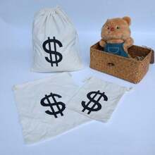 3pcs Canvas Natural Money Bags With Drawstring Closure And Dollar Sign Design, Suitable For Toy Party Gifts, Bank Robbery Cowboy Pirate Theme, Handbag Pouch - Multi-color - View 3