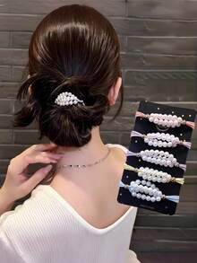 5/10pcs Pearl Hair Ties For Women, High Elasticity 4-Strand Hair Bands, Fresh Daily Hair Styling - Multicolor - View 1