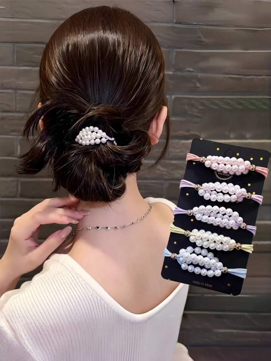 5/10pcs Pearl Hair Ties For Women, High Elasticity 4-Strand Hair Bands, Fresh Daily Hair Styling - Multicolor - View 1