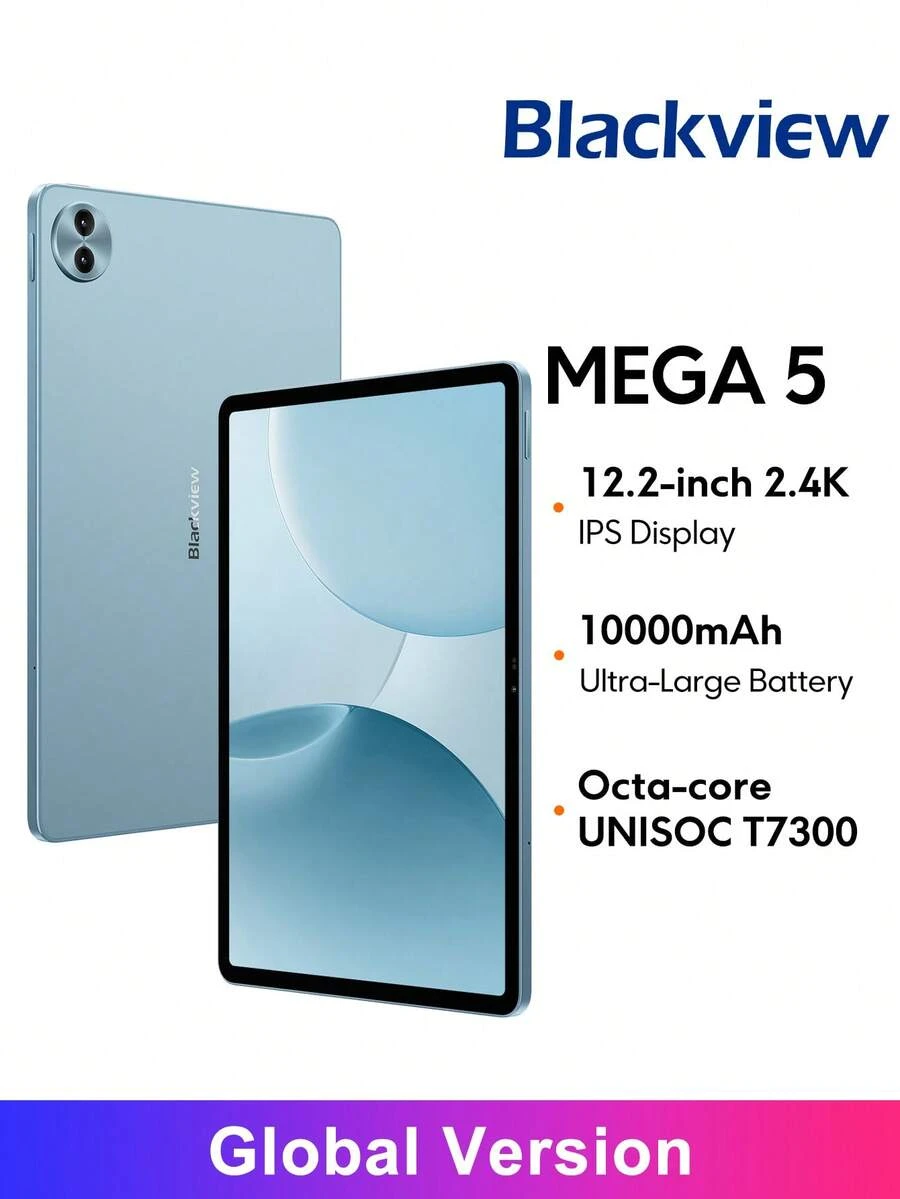 Blackview MEGA 5 4G AI 平板電腦 全球版 免費附贈無線鍵盤與滑鼠 12.2 吋 2.4K 120Hz 螢幕 八核心 UNISOC T7300 處理器 1080P Widevine L1 支援 10000mAh 電池與 55W 快充 高速 Wi-Fi 6 與無線 BT 5.4 - 藍色 - 查看 1