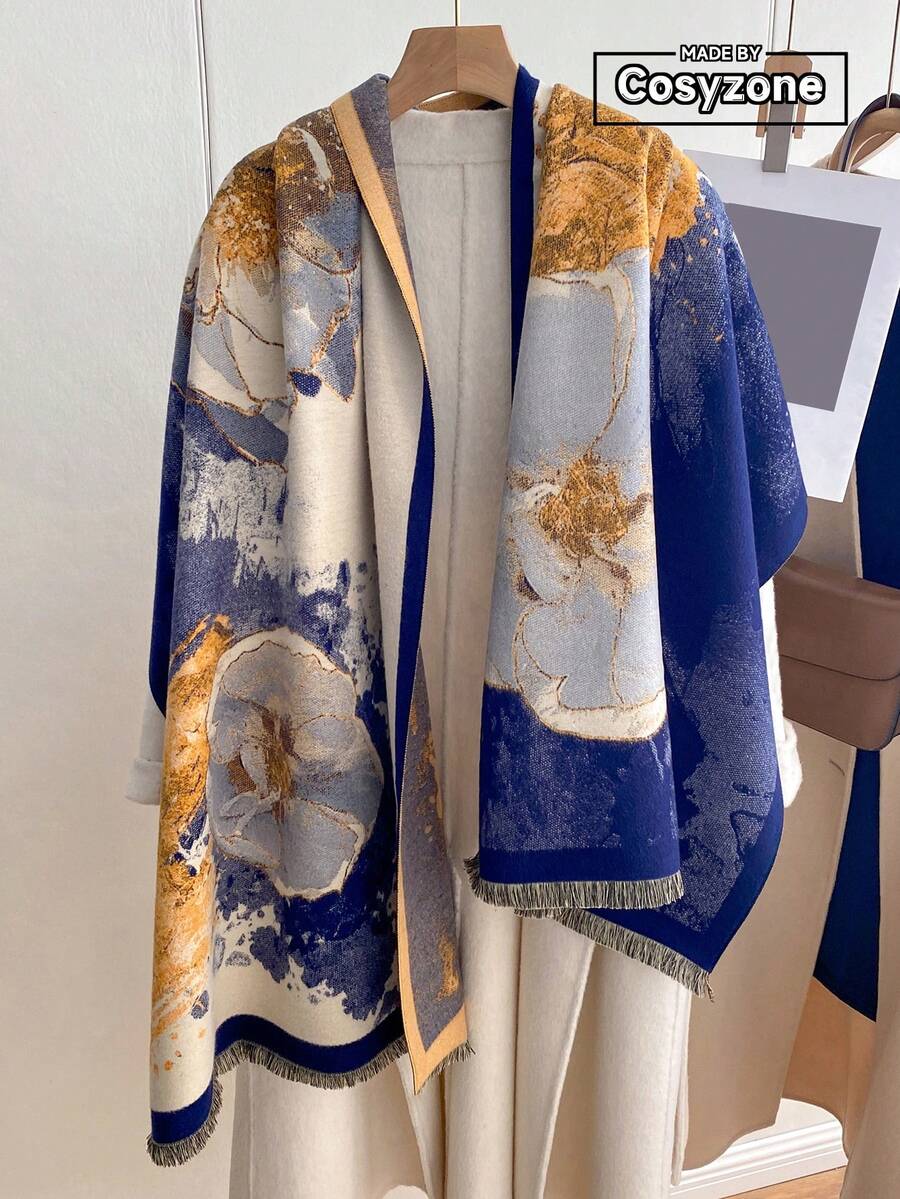 1件裝女款秋冬仿羊絨復古油畫花卉提花時尚百搭冷氣披肩,厚實保暖圍巾,適合日常使用 - 藏蓝色 - 查看 1