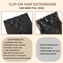 7Pcs Clip In Hair Extensions Real Human Hair Natural Black Straight Seamless Invisible Double Weft With Reusable Comfortable Secure Clip Ins For Women Can Be Styled For Daily - Natural Black - View 6