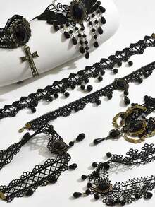 Lace Choker Necklace, Ins Gothic Dark Style Ruffled Cross Vintage Collar - Multicolor - View 2