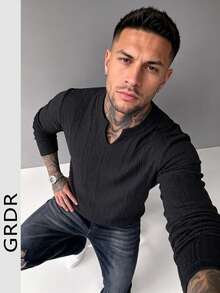 GRDR 男士 V 領百搭舒適極簡長袖休閒上衣 - 黑色 - 查看 5