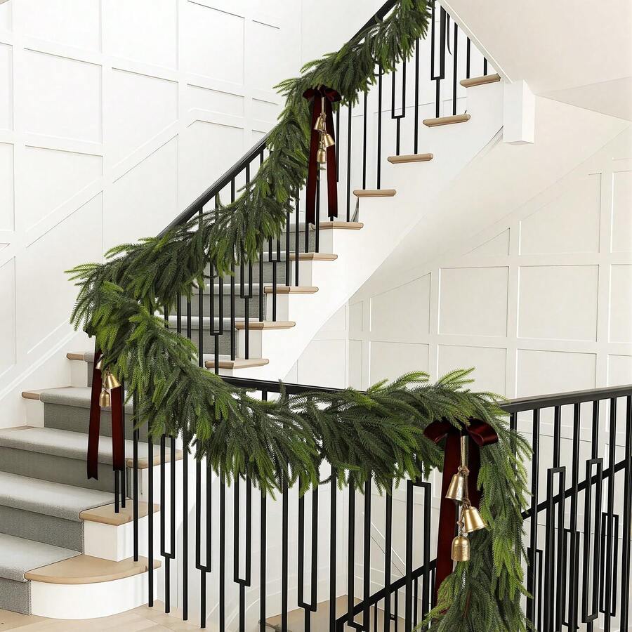 6ft Artificial Christmas Norfolk Pine Garland, High-End Realistic Evergreen Foliage Vine, Faux Pine Needle Hanging Decor, Suitable For Fireplace Mantel, Stairs, Door, Tabletop Centerpiece, Wall, Indoor And Outdoor Holiday Home Decoration - Green - View 1