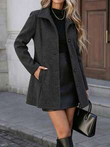 Women's Stand Collar Single-Breasted Mid-Length Overcoat, Slim Fit Waist Commuter Autumn/Winter Elegant Overcoat - Dark Grey - View 1