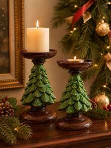 1pc Christmas Tree Candle Holder, Resin Holiday Candle Stand, Vintage Green & Brown Christmas Tabletop Decor, Suitable For Mantel, Fireplace, Dining Table, Living Room, Christmas Home Decoration, 2 Sizes - Multiple Styles - View 7