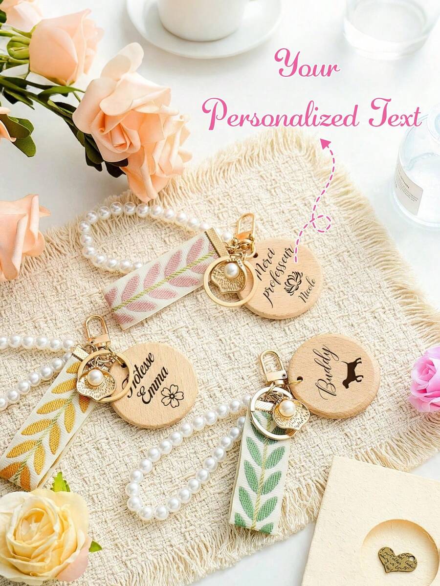 Personalized Engraved Name Keyring, Fabric Leaf Lanyard With Faux Pearl Wrist Chain & Shell Pearl Charm Pendant - Multicolor - View 1