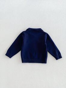 Minimalist Korean Style Knit Cardigan, Navy Blue Lapel Zipper Long Sleeve Outerwear, Spring/Autumn Kids' Clothing - Royal Blue - View 3