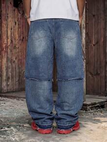 Men's Vintage Washed Blue 2 In 1 Double Layer Patchwork Wide Leg Denim Jeans, Double Layer Frayed Hem Distressed Casual Denim Pants - Blue - View 5