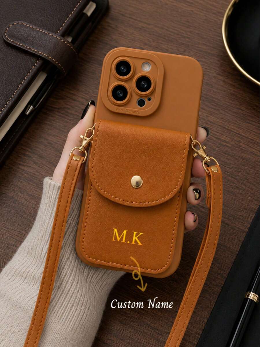 1pc Personalized Custom Crossbody Strap Card Holder Faux Leather Phone Case, Name Letter Customization, Solid Color Vintage Premium Couple Phone Case, Portable Crossbody Phone Wallet Card Holder For Outings