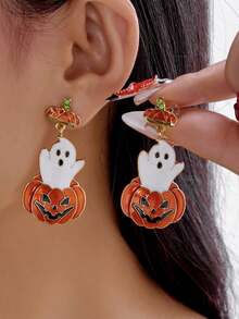 2pcs Halloween Oil Drop Pumpkin & Ghost Earrings - Multicolor - View 1