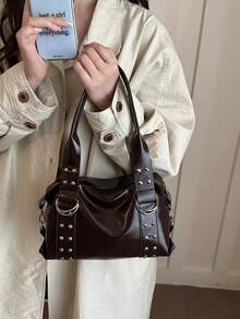 Korean Style Rivet Textured Commuter Work 2026 Large Capacity Hot Girl Motorcycle Handbag Shoulder Underarm Bag - Coffee - View 2