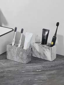 White/Black Marble Pattern Desktop Oral Care Storage Rack, Easy-To-Clean Resin Material, Suitable For Bathroom, Rental Apartment And Hotel Washroom Storage - Multicolor - View 5