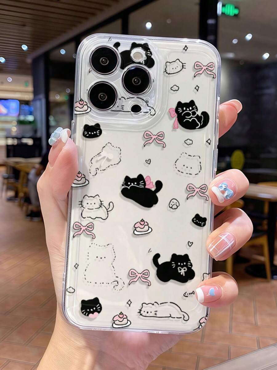 1pc New Bow Cat Brand Personalized Pattern Perforated Transparent TPU Full Coverage Lens Anti-Drop Fashion Phone Protective Case Compatible With Iphone 17 16 15 14 13 12 11 Pro Max A56/55/54/53/52/51 S25/24/23/22/21 Series Exquisite Gift. - Multicolor - View 1