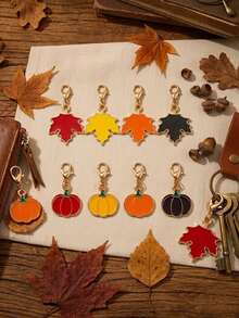 8pcs Fall Pumpkin & Maple Leaf Keychain Set. Cute Autumn Thanksgiving Halloween Bag Charms, Backpack Zipper Pendants & Seasonal Party Gifts. - A - View 1