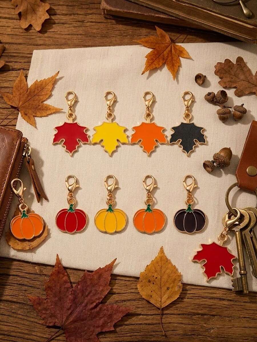 8pcs Fall Pumpkin & Maple Leaf Keychain Set. Cute Autumn Thanksgiving Halloween Bag Charms, Backpack Zipper Pendants & Seasonal Party Gifts. - A - View 1