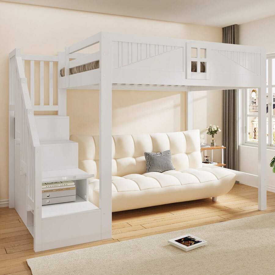 Bed Frame White With Storage Multifunctional Solid Wood 252.5 X 145 X For Bedroom And Kids Room - 白色 - 查看 1