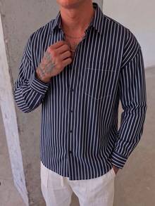 Men's Vertical Striped Long Sleeve Shirt, Turn-Down Collar Design, Chest Pocket, Front Button Closure, Loose Fit, Casual Daily Wear - Multicolor - View 4