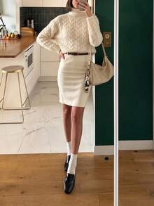 Happyevery Women's Autumn/Winter Casual French Style Solid Color Vintage High Neck Cable Knit Long Sleeve White Sweater Fall - White - View 4
