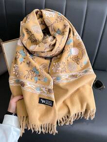 1件女款秋冬仿羊絨刺繡圍巾，加厚保暖流蘇刺繡波希米亞風旅行披肩斗篷 - 駝色 - 查看 6