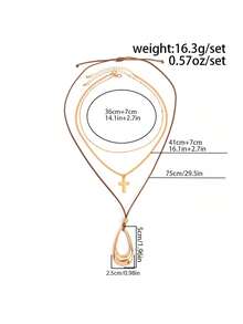 3pcs/Set Bohemian Vintage Layered Necklace With Cross, Leather Cord And Hollow Large Water Drop Pendant, Women's Autumn/Winter Sweater/Coat Vacation/Date Atmosphere Accessory Gift - Gold - View 6
