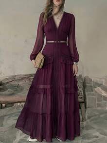 Women's Elegant Deep V-Neck Wedding Guest Long Sleeve Bohemian Vintage Fitted Lace Modest Dress, Fashionable Ruffle A-Line Hollow Out Dress Party - Redwood - View 3