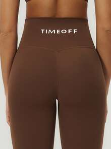 TimeOff 女款 1 件裝彈性素色高腰外縫修身運動長褲 - 巧克力棕 - 查看 4