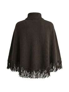 Women's Casual Regular Solid-Color High-Neck Turtleneck Sleeveless Fringe-Edged Poncho Outwear Fashion Fringe Sweater, Fall Winter - Coffee Brown - View 8