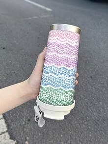 1pc/5pcs 500ml Rainbow Knit Texture Travel Mug, Double-Wall Stainless Steel Insulated Cup, Colorful Knit Striped Pattern Print Design, Portable Coffee Cup With Lanyard, Suitable For Daily Commute - White - Colorful Letters - View 6