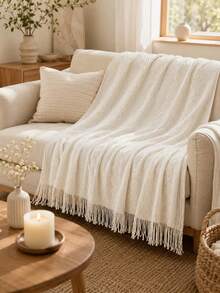 1pc Wavy Pattern Acrylic Knit Blanket, Nordic Style Rectangular Tassel Solid Color Sofa Throw Bed Decorative Blanket Nap Blanket - Vertical Stripes Three Bend Beige - View 2