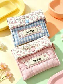 1pc Gingham Floral Fabric Sanitary Pad Storage Bag, Snap Button Closure Portable Period Pouch, Mini Travel Organizer For Student Girls, Hold Napkins Lipstick Small Accessories For Daily Outing Storage Bag - Multicolor - View 2