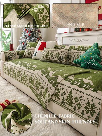 1pc Christmas Chenille Sofa Cushion, Santa Claus, Christmas Tree, Christmas Element Pattern, Soft And Comfortable Chenille Non-Slip Sofa Cushion, Pet-Friendly Scratch-Resistant Sofa Protector, Easy To Install, Furniture Protection, Suitable As Gift For Family And Friends, All-Season Non-Slip Sofa Seat Cover, 6 Sizes Available, Suitable For 1/2/3/4 And Combination Sofas, Office, Bedroom, Living Room Home Decor Protector