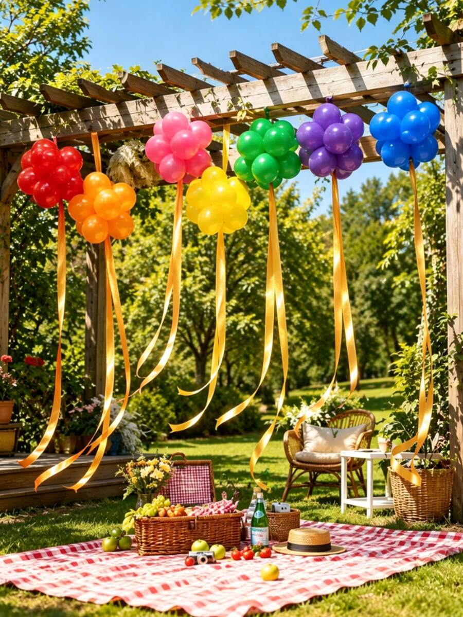 61pcs/Set Rainbow Color Balloon Cluster Ceiling Hanging Balloon Set, Includes Gold Ribbon, Multiple Colors Latex Balloons, Suitable For Rainbow Birthday Party, Rainbow Theme Party, Candy, Lawn Picnic Gathering, Decoration - Multicolor - View 1