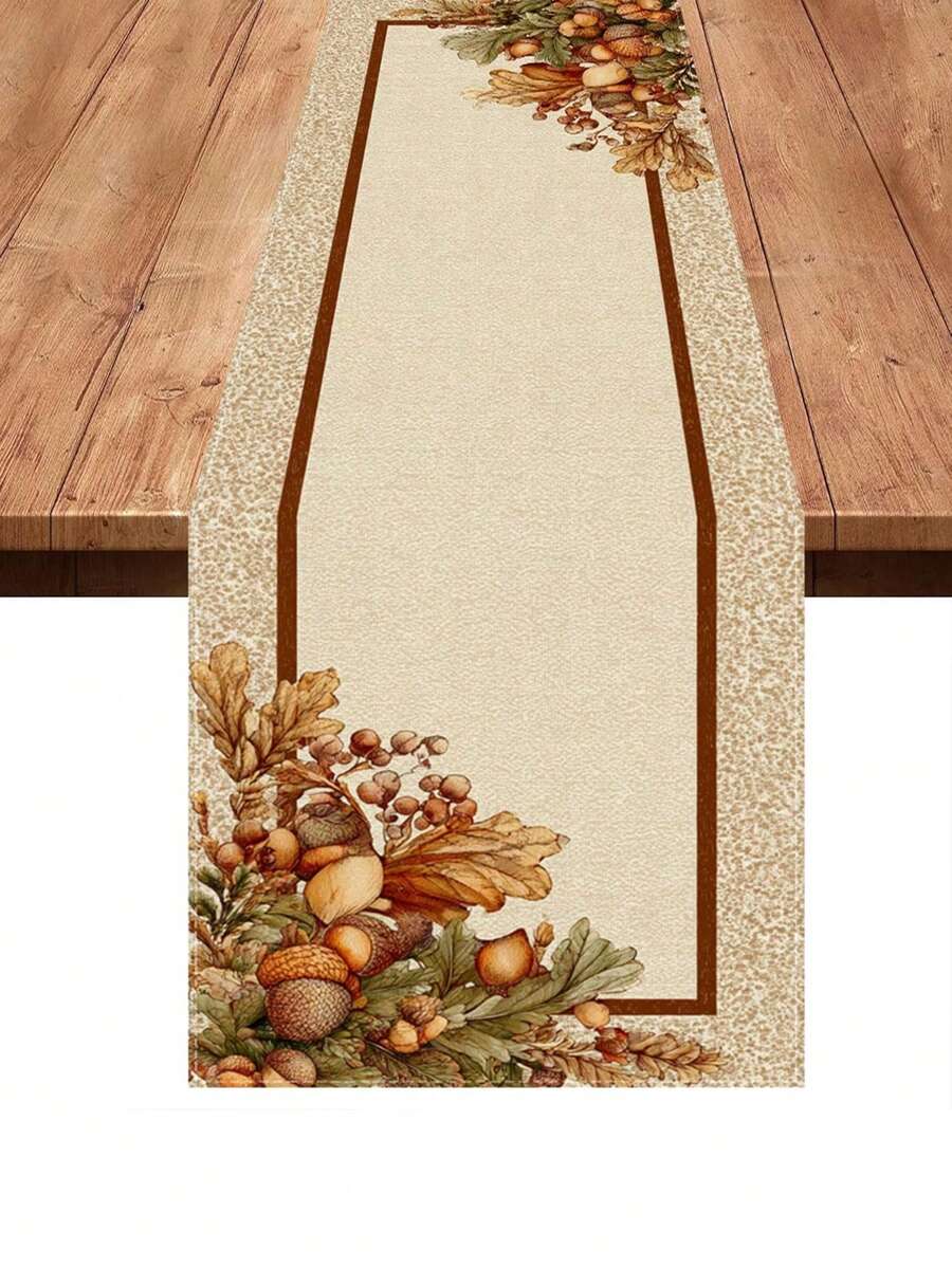 1pc Table Runner - Suitable For Autumn Harvest Decoration, Distressed Texture Table Runner With Oak Leaves And Acorns, Rectangular Dining Table Console Fireplace Decor, Suitable For Fireplace, Entryway, Country Farmhouse Style - Khaki - View 1