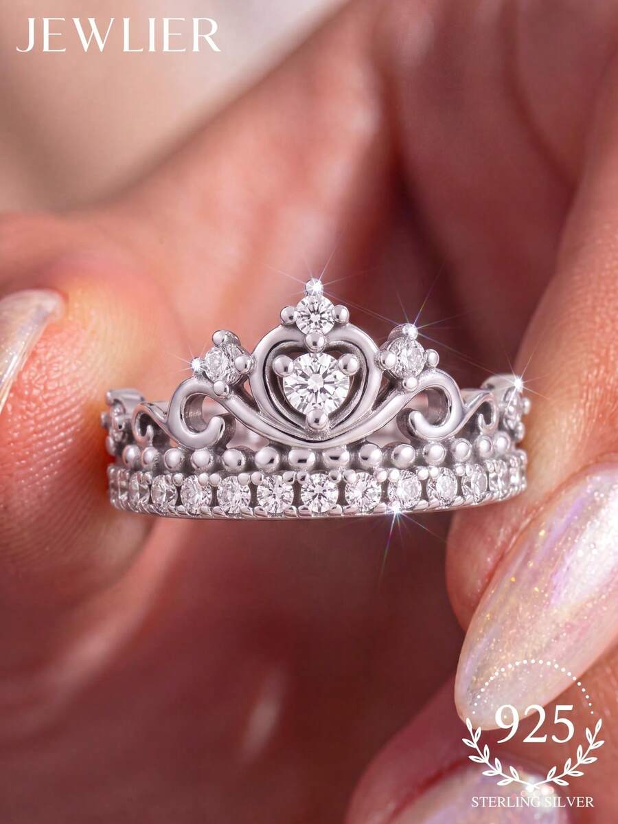 1pc 925 Sterling Silver Heart Crown Ring, Multiple Sizes Available, Suitable For Cool Girls And Women To Wear, Ideal Choice For Date Gift Or Exquisite Jewelry
