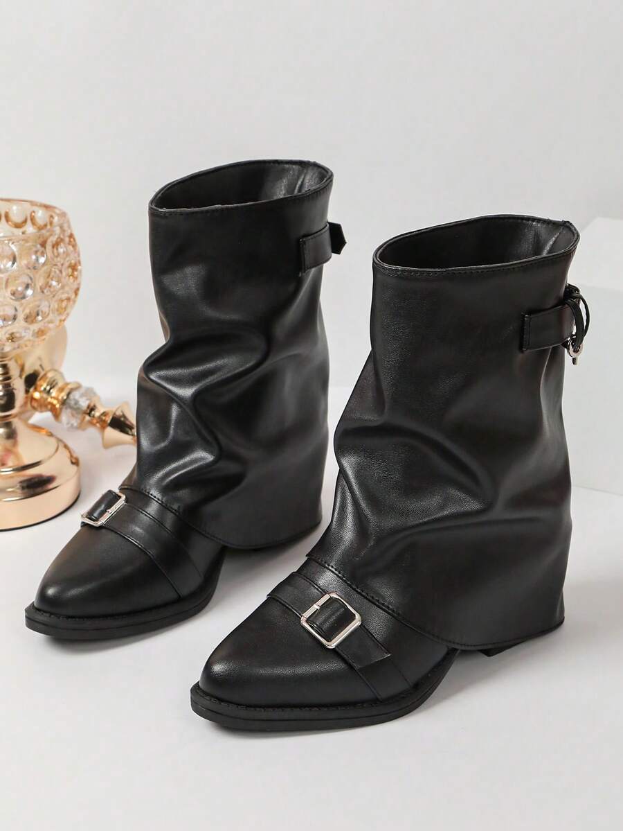 Women's New Metal Buckle Decor Ruched Leg Boots, Personalized Folded Pleated Cool Western Style Boots - Black - View 1