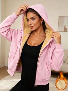 Women's Fleece Lined Hoodie Zip Up Jacket, Winter Sports Top With Pockets For Running Cycling Gym - Pink - View 2