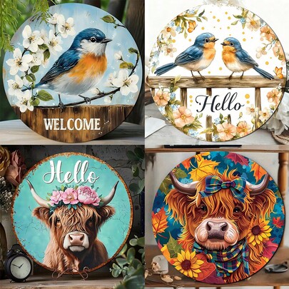 1pc Vintage Round Wooden Sign, Smiling Animal Decorative Welcome Hanging Plaque, Garden Yard Wall Wooden Decor Painting, Home Decoration, Gift Item, 2D Flat